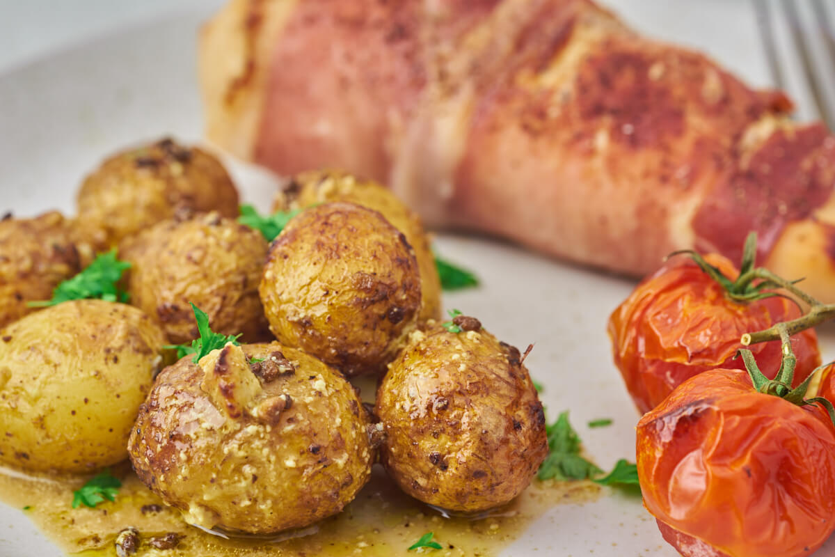 air fryer potatoes, stuffed chicken breast and tomatoes