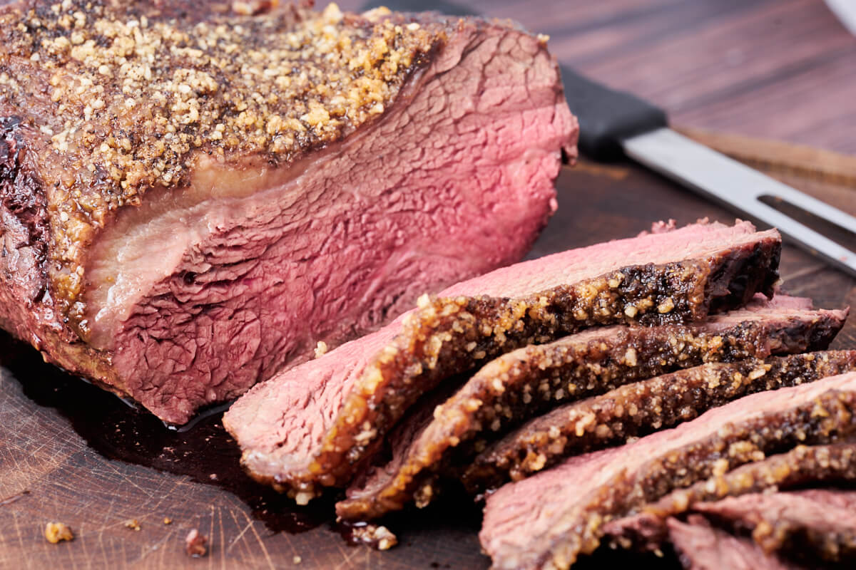 sliced medium rare top sirloin cap roast made in air fryer