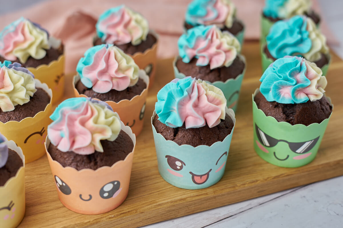 choco banana cupcakes with colored buttercream frosting