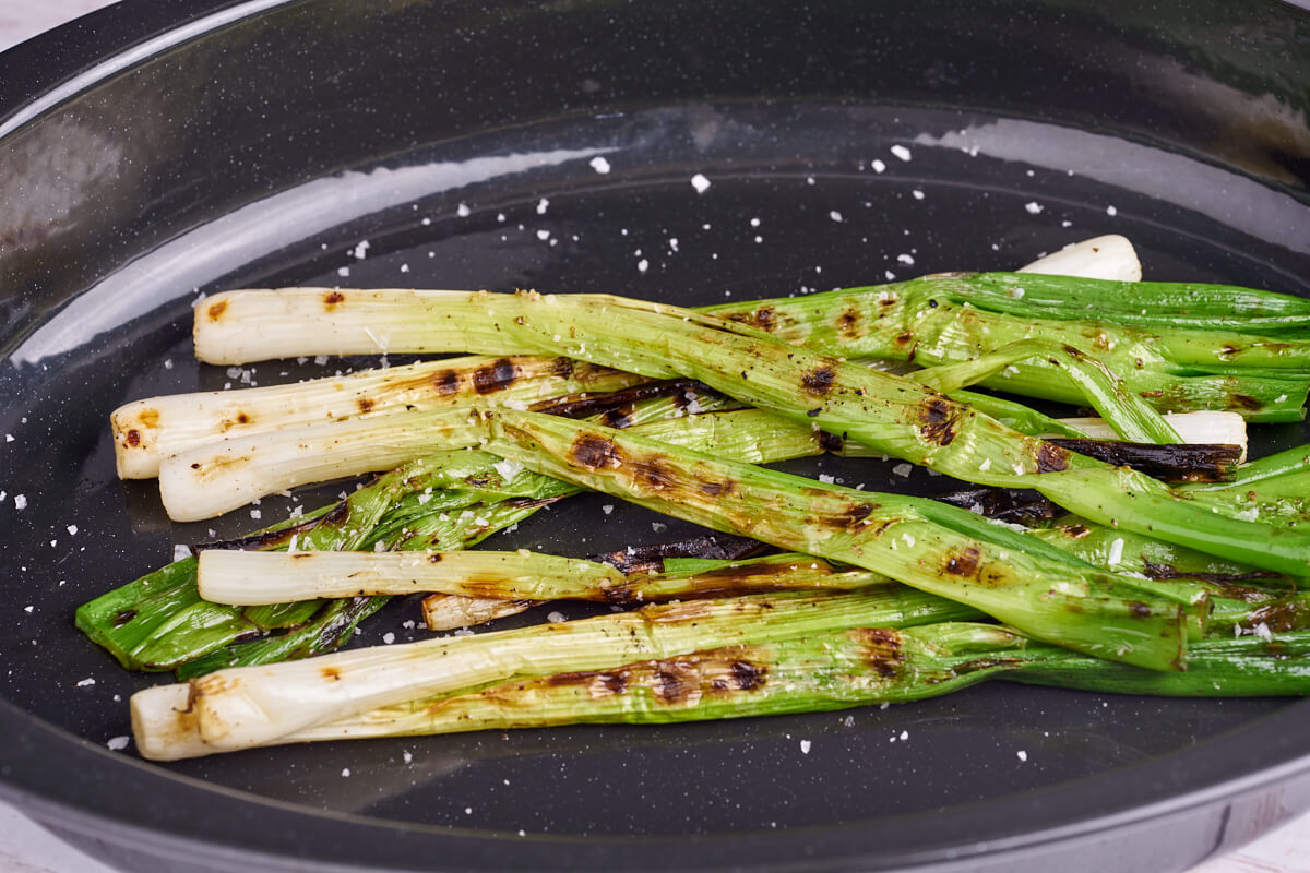 dish with grilled spring onions