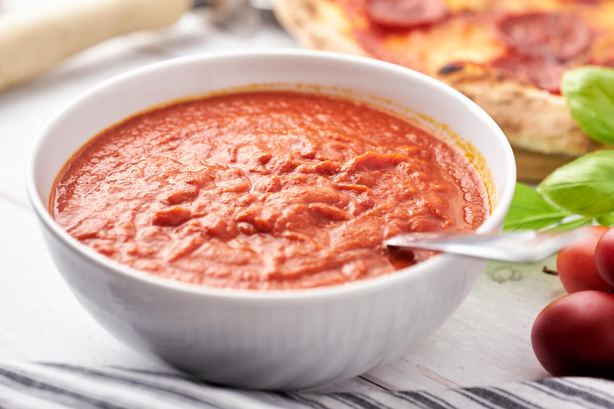 homemade pizza sauce and tomato and bazil