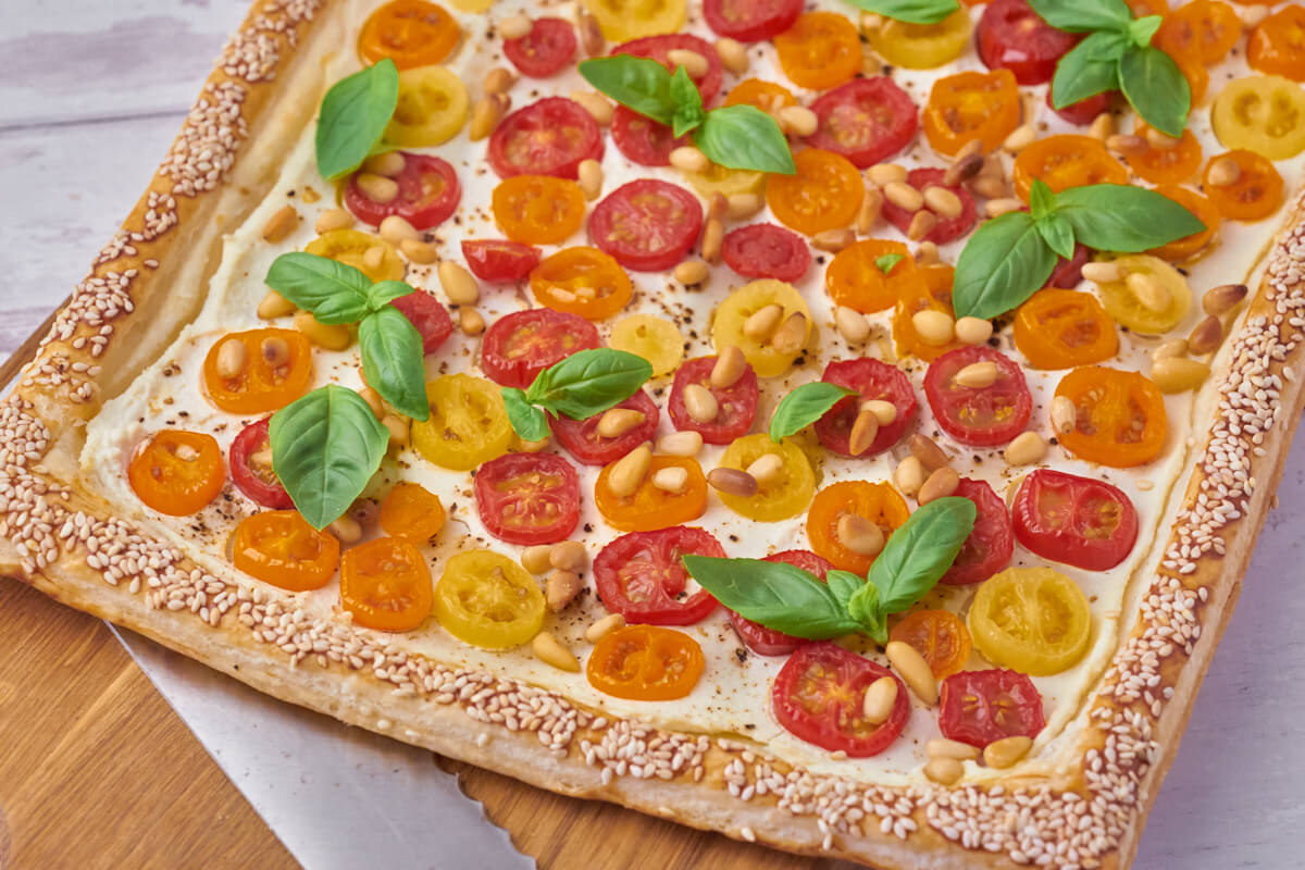 puff pastry tart with tomatoes and basil