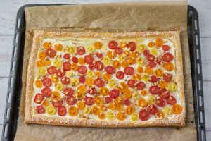 baked tomato tart on puff pastry