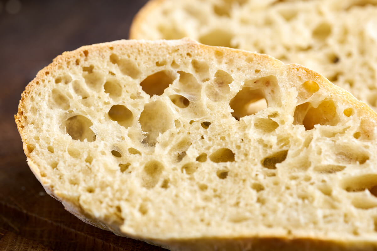 airy italian ciabatta bread with air holes