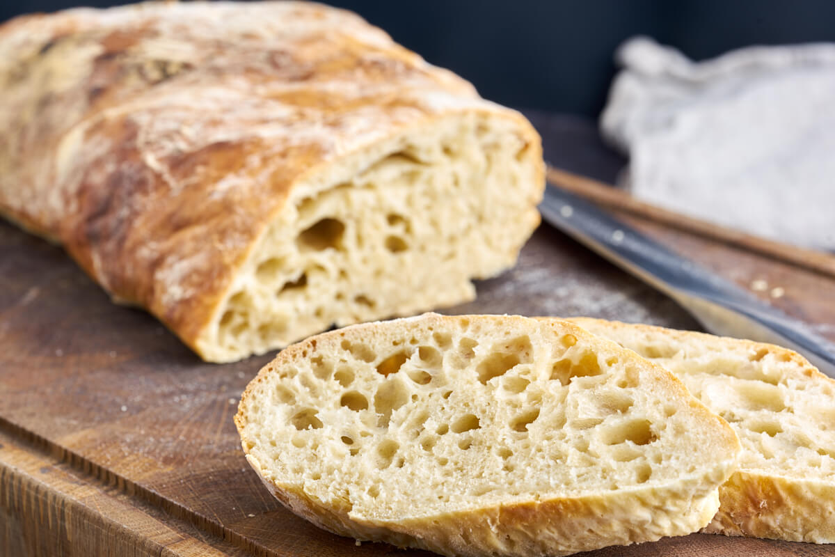 homemade ciabatta bread sliced up