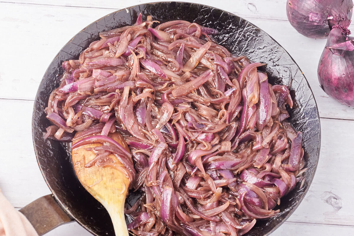 pan with sweet sauteed onions
