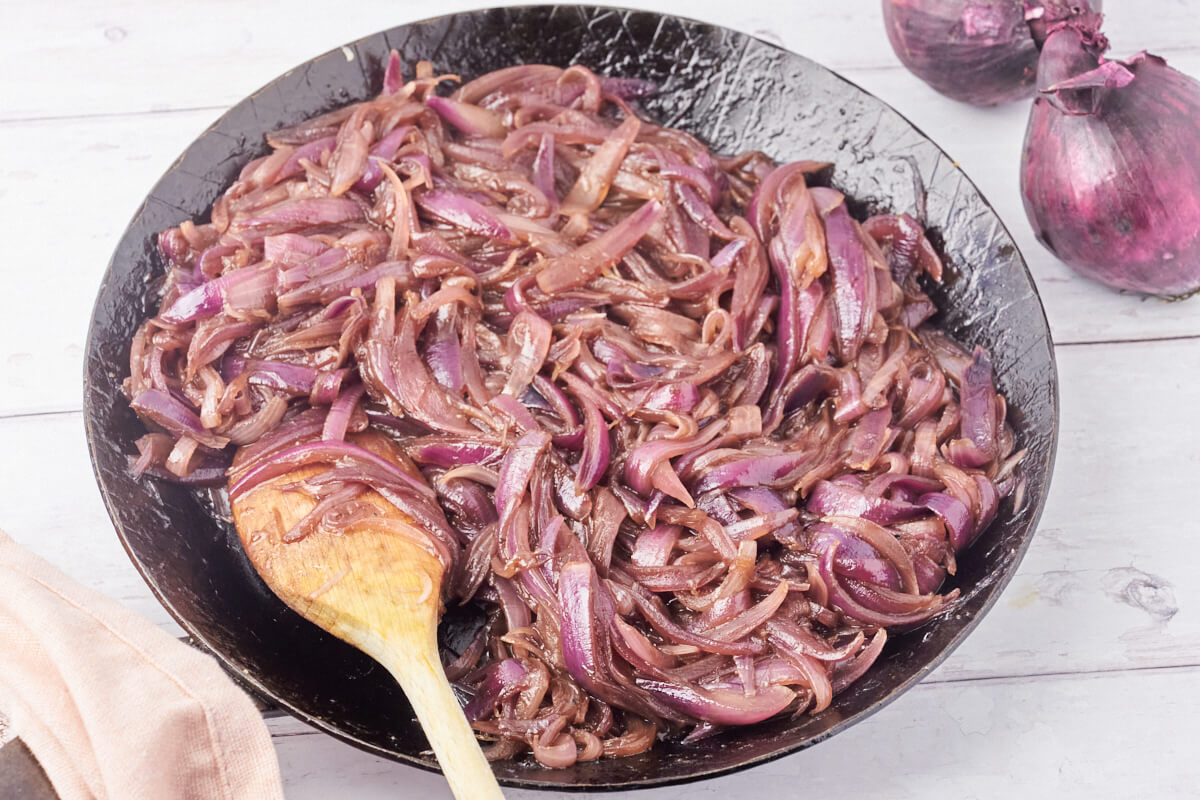 caramelized red onions in frying pan