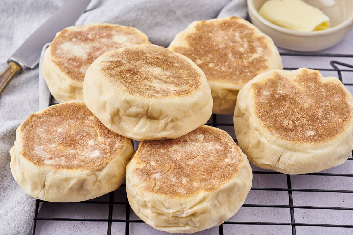 Pile of homemade english muffins