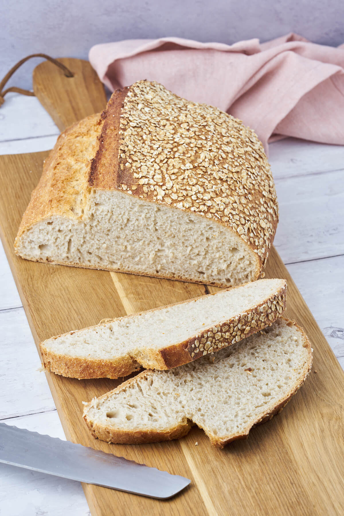 Delicious overnight oat bread sliced and ready to eat.