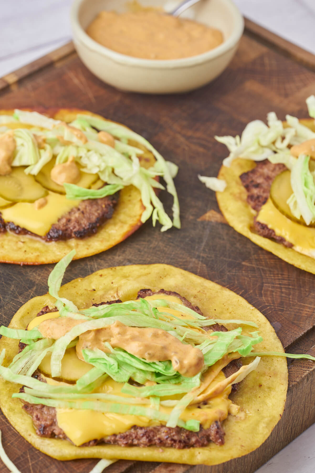 delicious smash burger tacos with homemade burger dressing