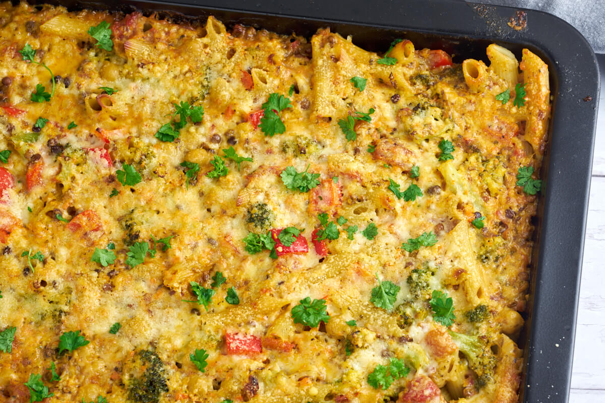 vegetarian pasta bake with parmesan and parsley