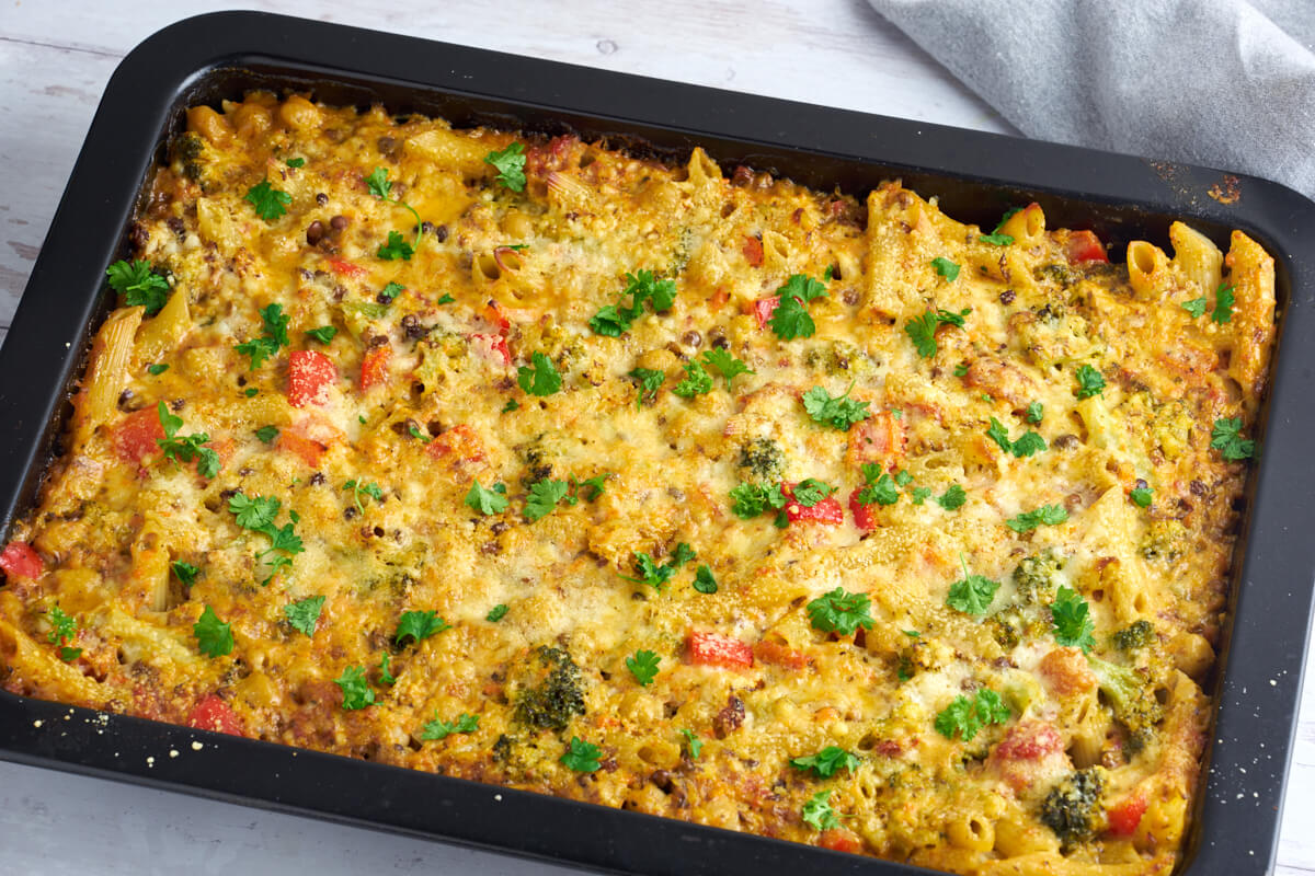 vegetarian pasta bake in oven proofed dish