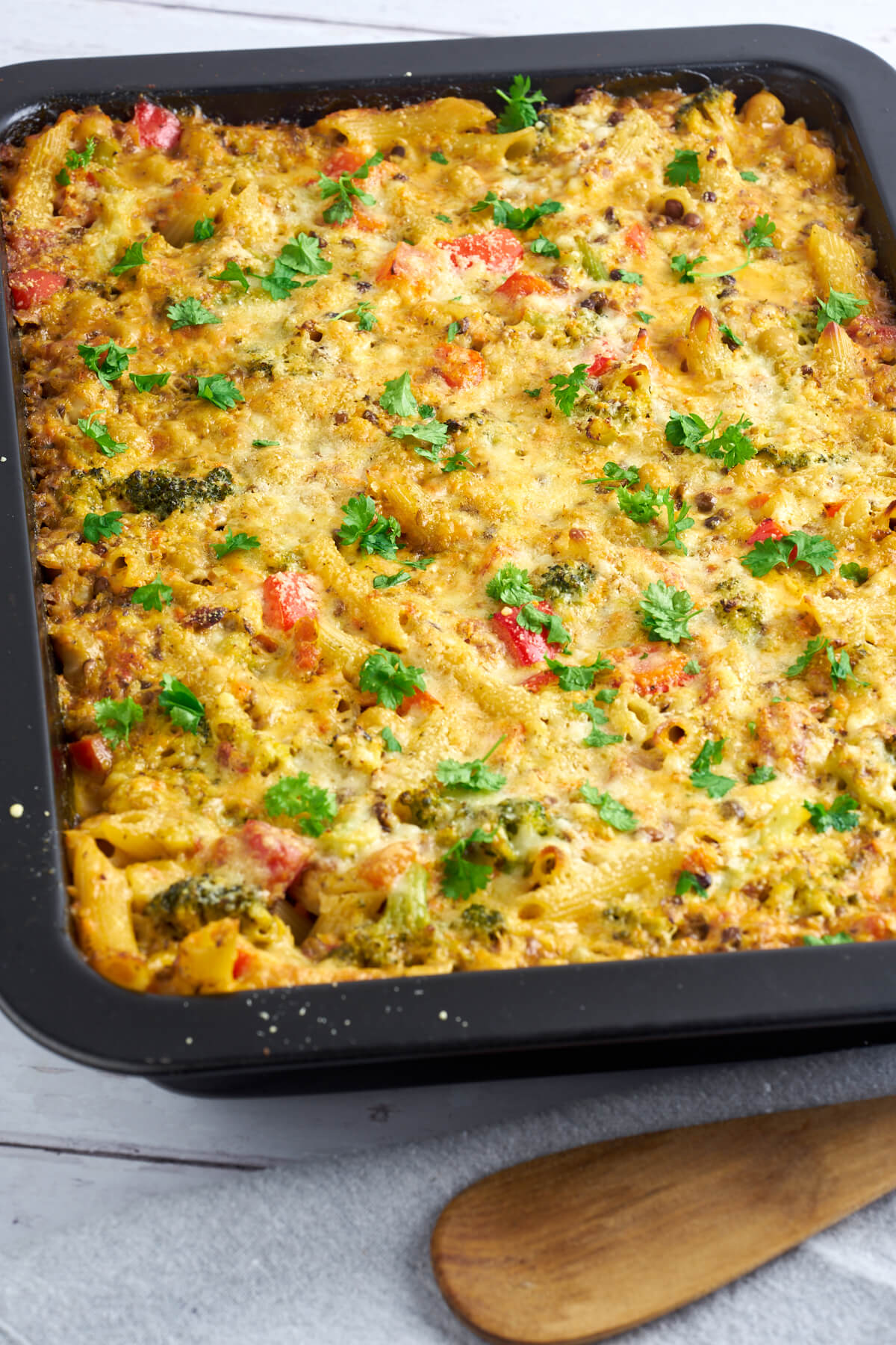 pasta dish with chickpeas and brown lentils