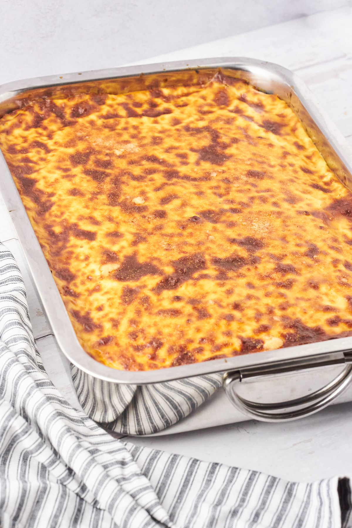 Pastitsio, which is a type of Greek lasagna, in a large baking dish