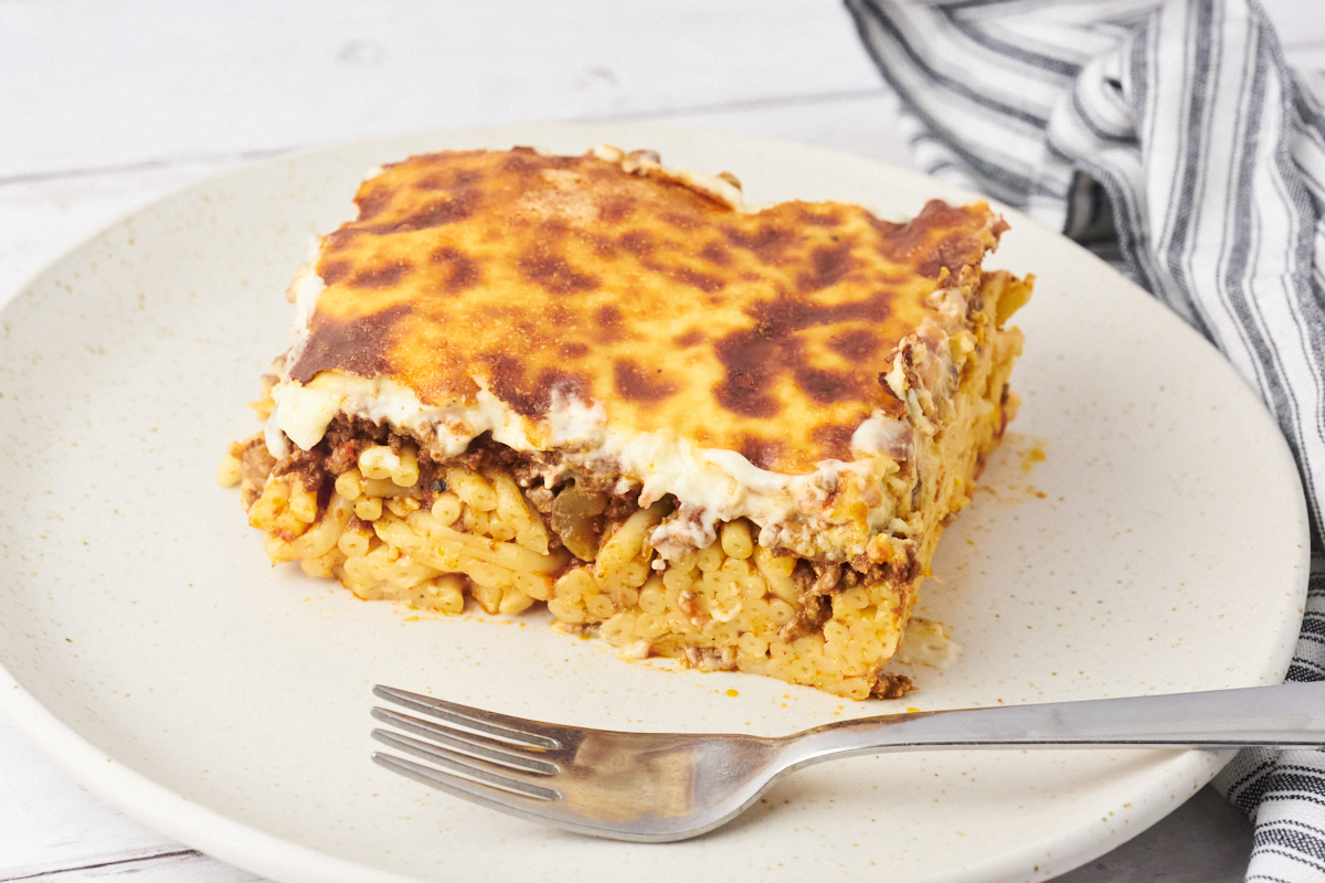 A piece of Greek pastitsio on a plate