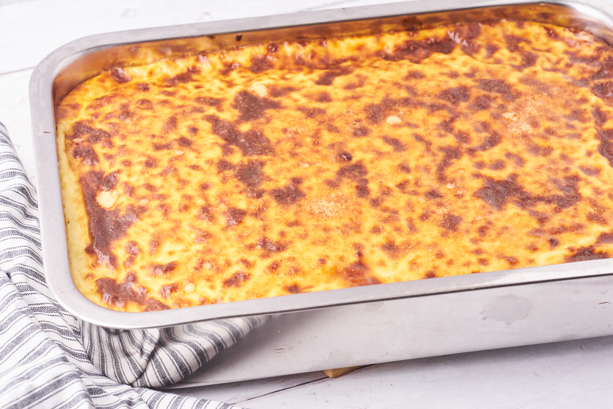 Greek pastitsio in a large baking dish