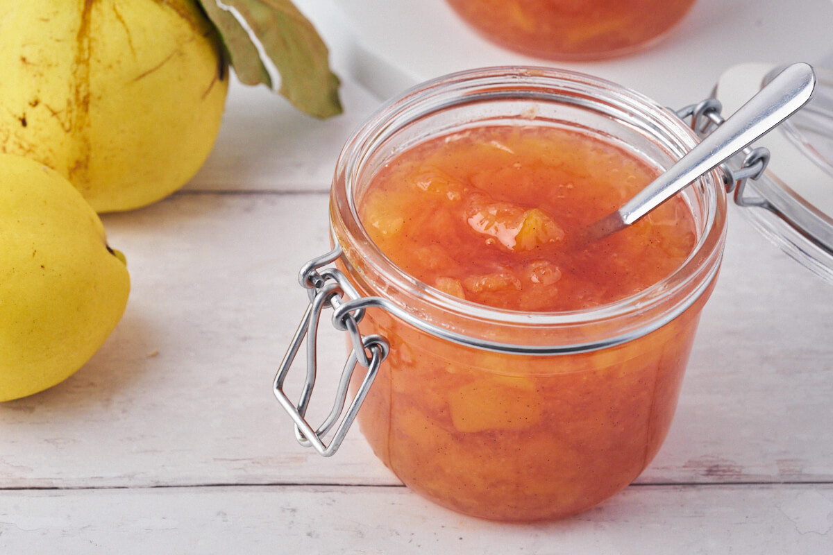 Homemade quince jam in jars.