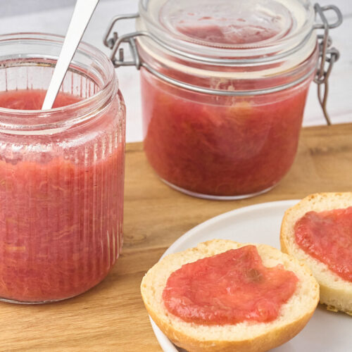 rhubarb jam with apples and vanilla and homemade rolls.