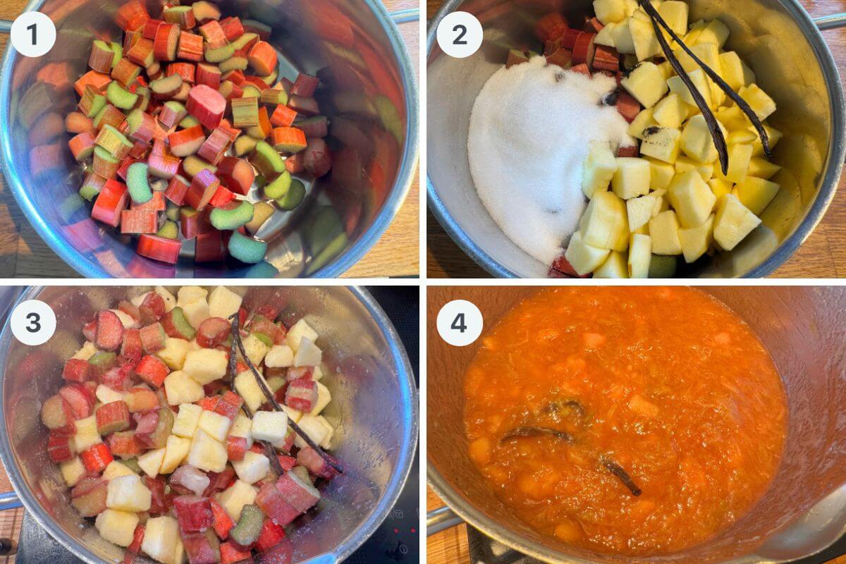 steps to make rhubarb jam with apples and vanilla.